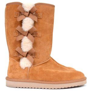 Koolaburra by UGG Victoria Women's 10 Tall Boot Suede Chestnut Tan Faux Fur Bows